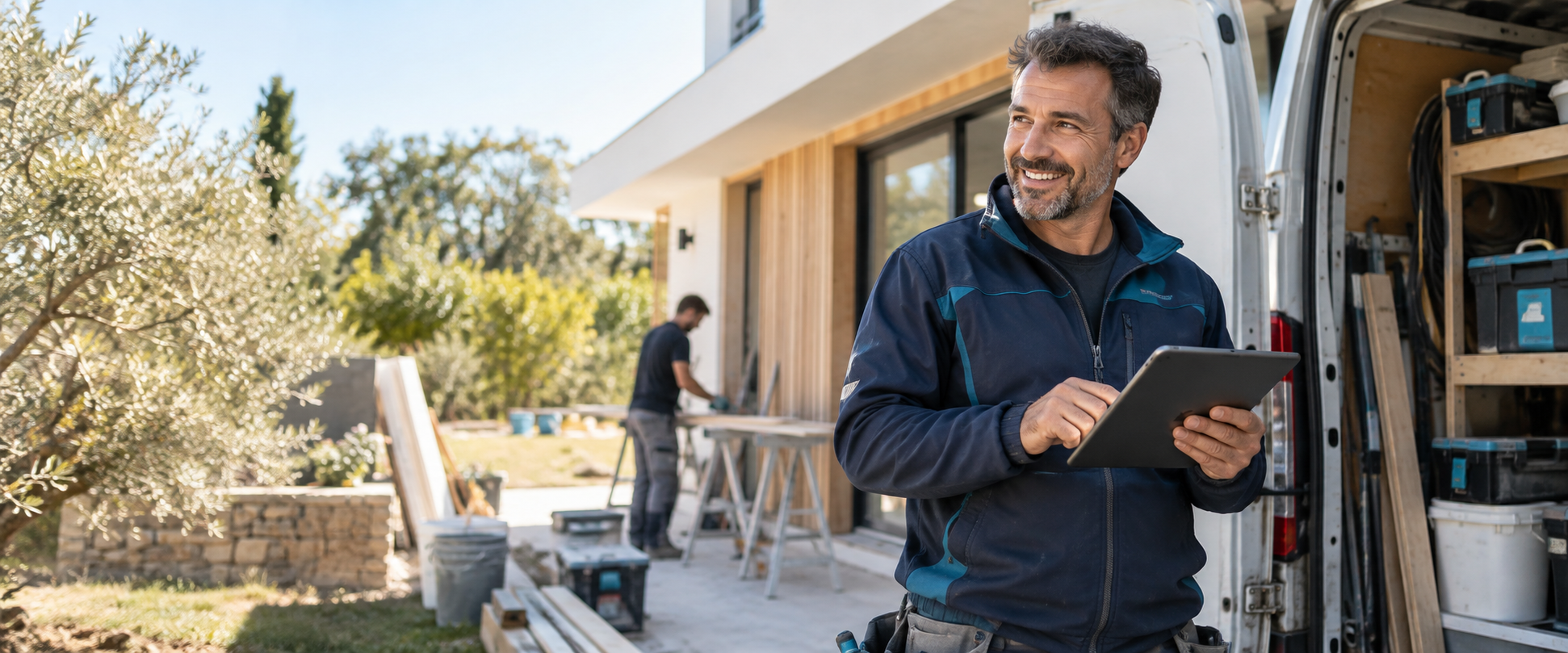 Artisan utilisant JarvisMe sur une tablette devant son chantier